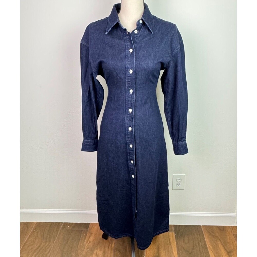 uniqlo denim long sleeve shirt dress JW Anderson Uniqlo Asymmetric Pleated Denim Long Sleeve Midi Shirt Dress S Blue